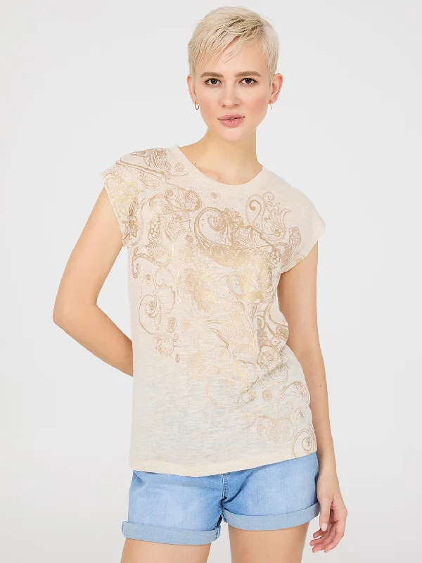 Foil Paisley Print Short Dolman Sleeve T-Shirt-- Solid Print Embellished