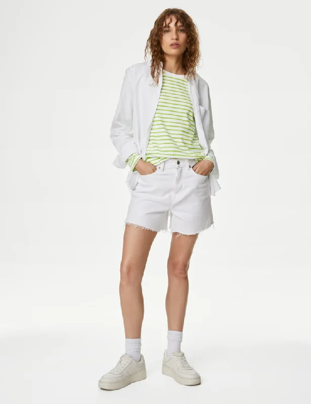 Pure Cotton Striped Crew Neck T-Shirt-- Zippered Buttoned Snapped