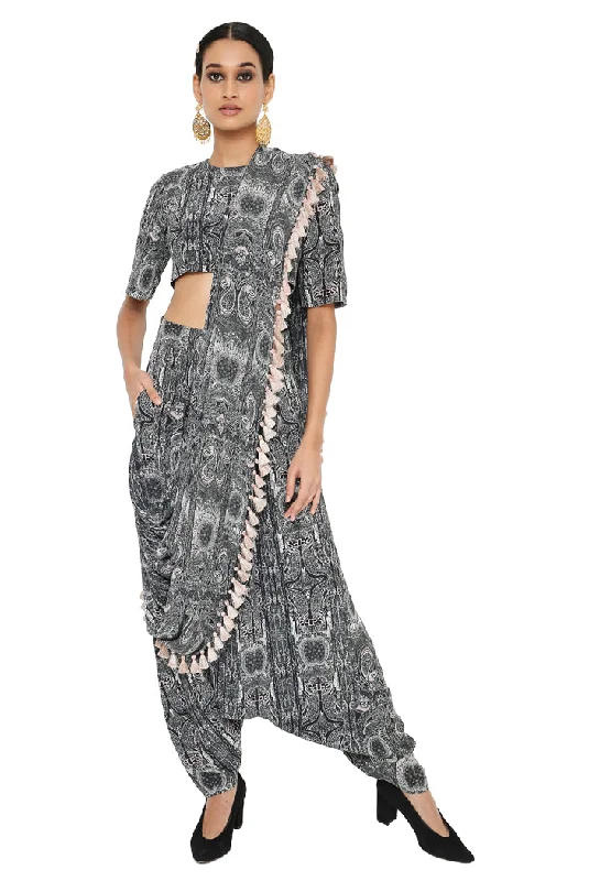 Payal Singhal Printed Blouse And Low Crotch Pants With Attached Drape Casual Stripe Blouse