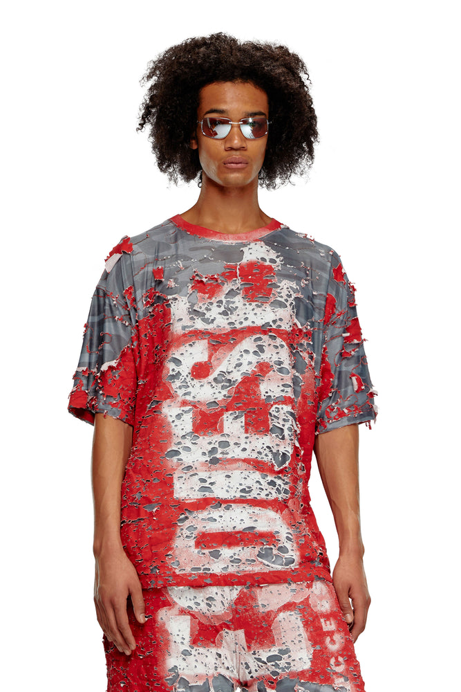 Logo T-shirt in destroyed jersey-- Mesh Blend Leather Blend Suede Blend