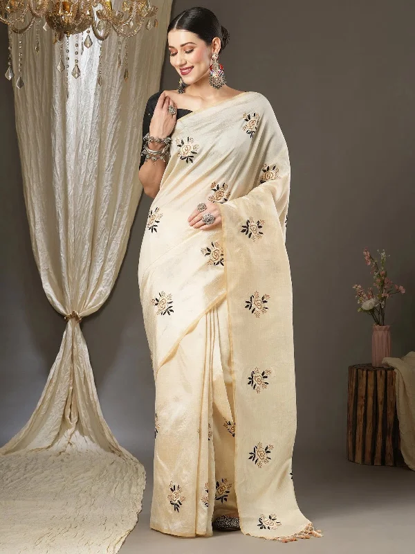 Saree Mall Women's  Blend Cream Embroidered Designer Saree With Blouse Piece-6KAVI602 Feminine Pastel Blouse