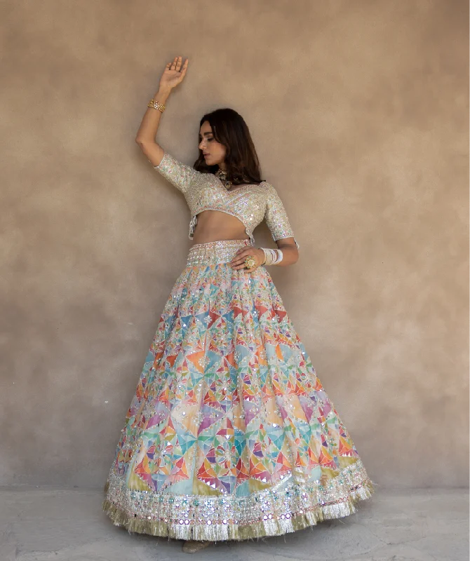 Abhinav Mishra Hand Embroidered Blouse With Pastel Shade Printed Lehenga Relaxed Fit Blouse
