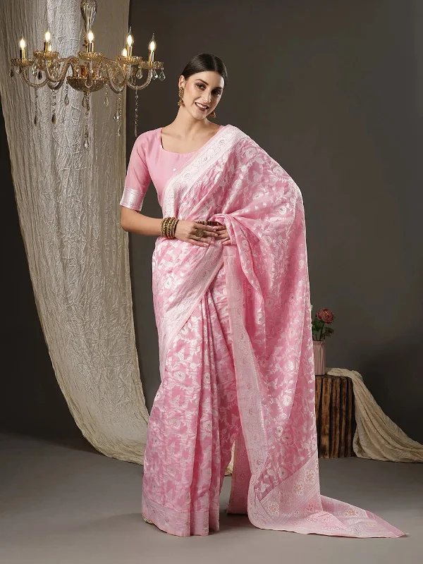 Saree Mall Women's Cotton  Pink Woven Design Designer Saree With Blouse Piece-ZOYA6001 Silky Draped Blouse