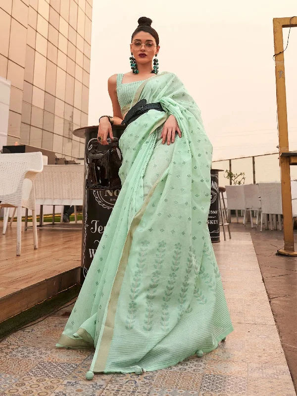 Saree Mall Women's  Blend Sea Green Woven Design Handloom Saree With Blouse Piece-KAROL5007 Feminine Satin Blouse