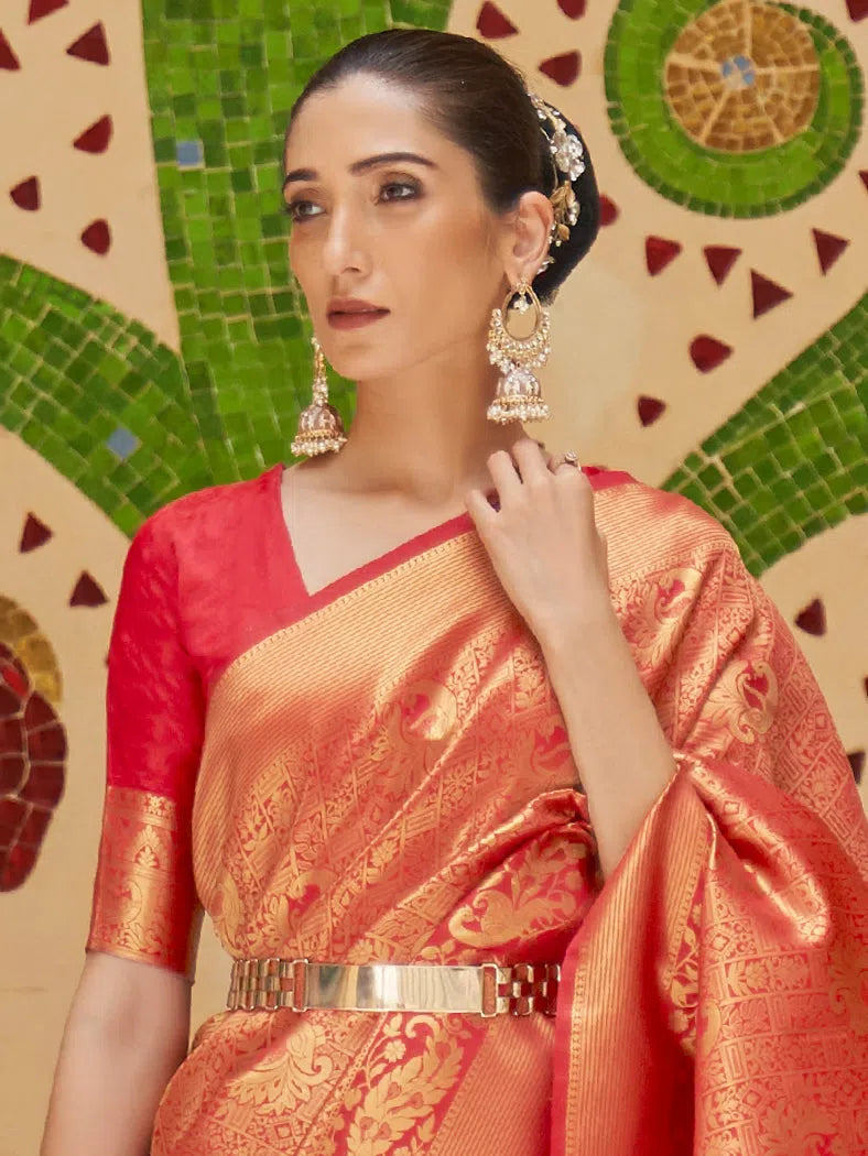Saree Mall Women's Blend Red Woven Design Handloom Saree With Blouse Piece-KINKB198006 Classic White Blouse Saree Mall Women's Blend Red Woven Design Handloom Saree With Blouse Piece-KINKB198006 Classic White Blouse
