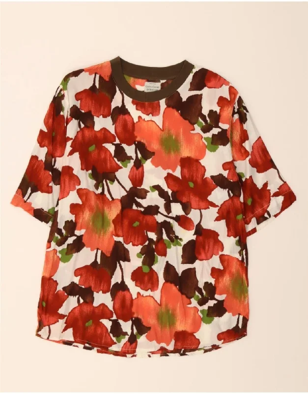 BENETTON Womens Blouse Top UK 16 Large Red Floral Viscose Sheer Sleeve Blouse