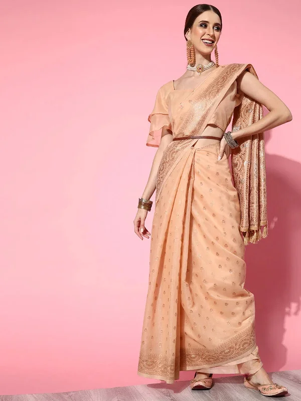Saree Mall Women's Cotton Blend Cream Woven Design Celebrity Saree With Blouse Piece-3VMIKA3002 Romantic Lace Blouse