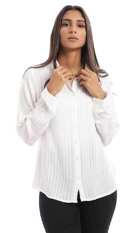 95670 Full Sleeves Self Striped Shirt - White-- Graphic T-Shirt Round Neck Polyester