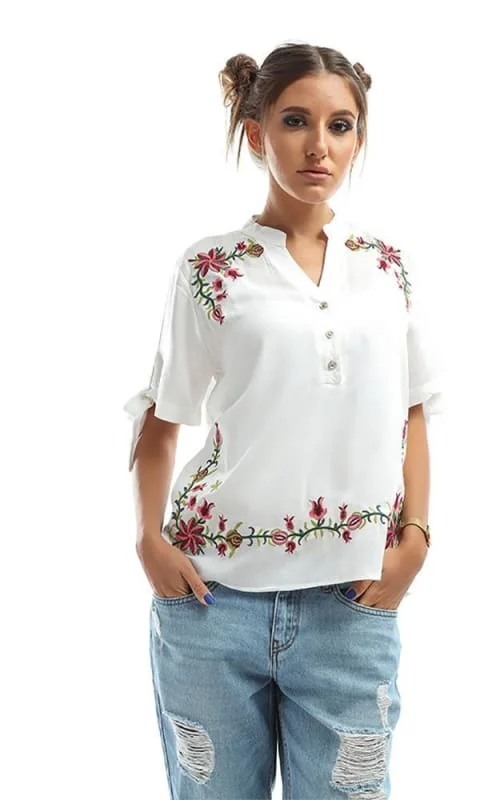 48761 Short Sleeves Shirt - White-- Chenille Blend Fleece Blend Nylon Blend