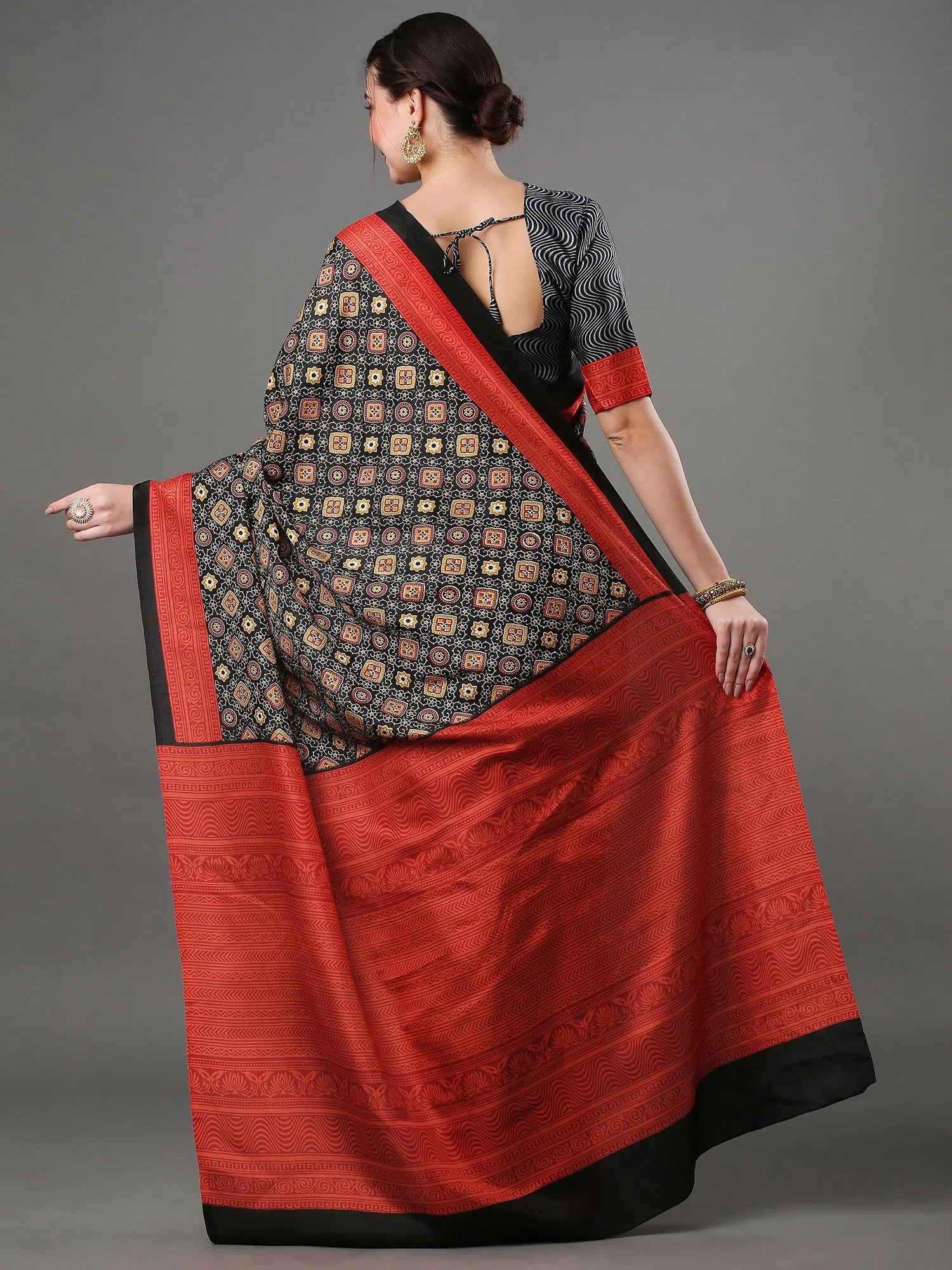 Saree Mall Women's Dola  Black Digital Print Designer Saree With Blouse Piece-KUMRN201 Elegant Embroidery Blouse