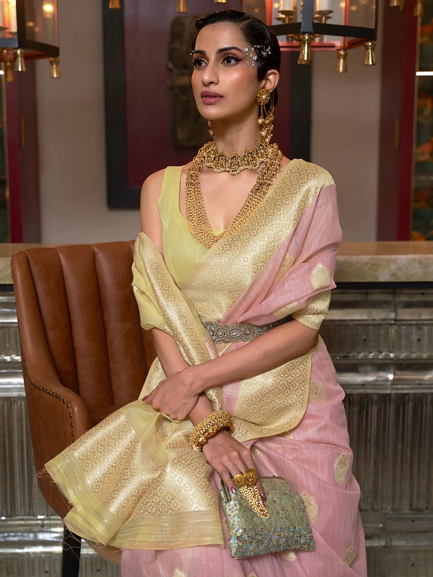 Saree Mall Women's Linen Pink Woven Design Designer Saree With Blouse Piece-KOSKI293004 Silky Draped Blouse