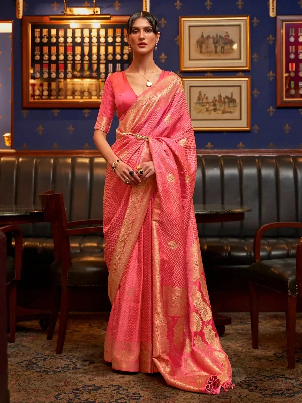 Saree Mall Women's  Blend Pink Woven Design Designer Saree With Blouse Piece-KAZEL231001 Satin Drape Blouse