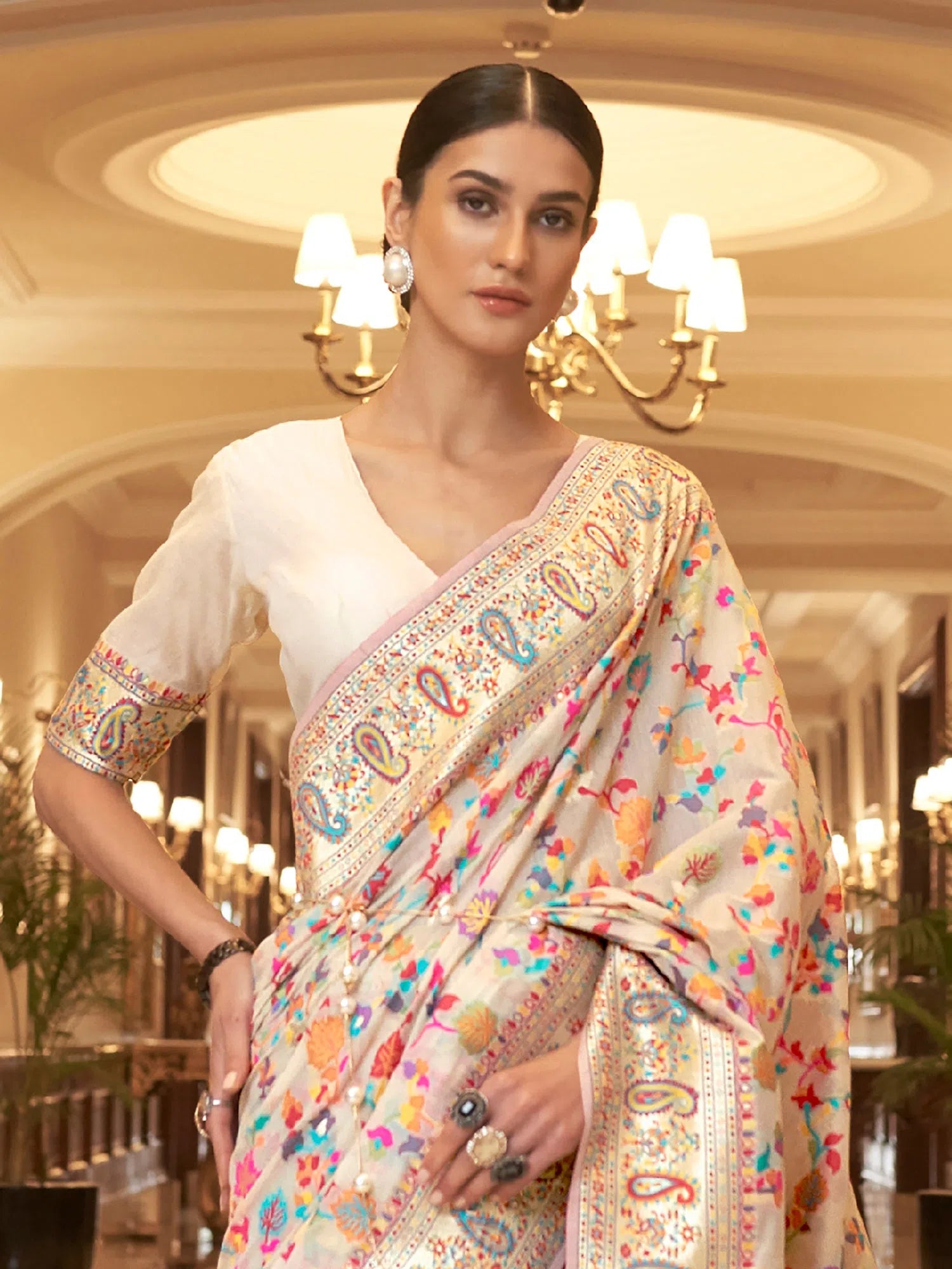 Saree Mall Women's Blend Cream Woven Design Celebrity Saree With Blouse Piece-KSHFA201001A Feminine Ruffle Blouse Saree Mall Women's Blend Cream Woven Design Celebrity Saree With Blouse Piece-KSHFA201001A Feminine Ruffle Blouse