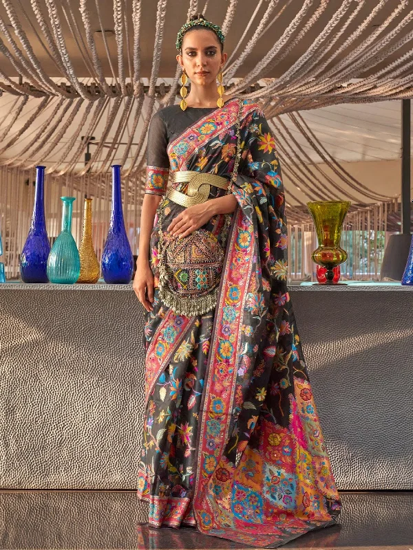 Saree Mall Women's  Blend Black Woven Design Designer Saree With Blouse Piece-KABIRA311008 Gathered Detail Blouse