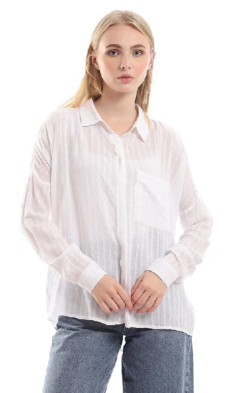 97060 Self Striped & Stitched Side Pocket White Shirt-- Boxy Fit Fitted Loose