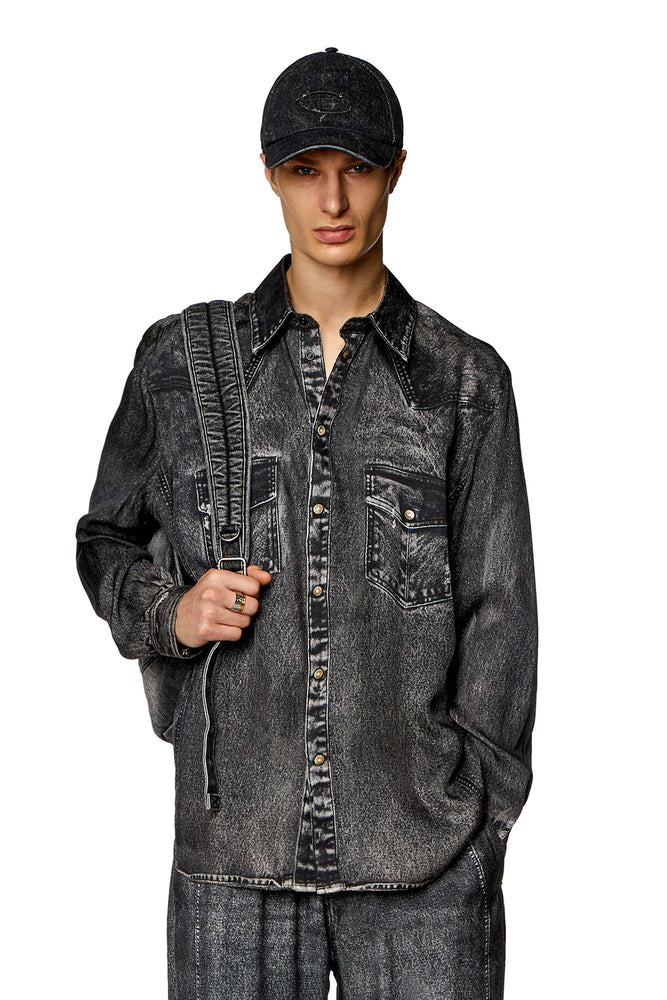 Fluid shirt with denim print-- Welt Pockets Slit Pockets Flap Pockets