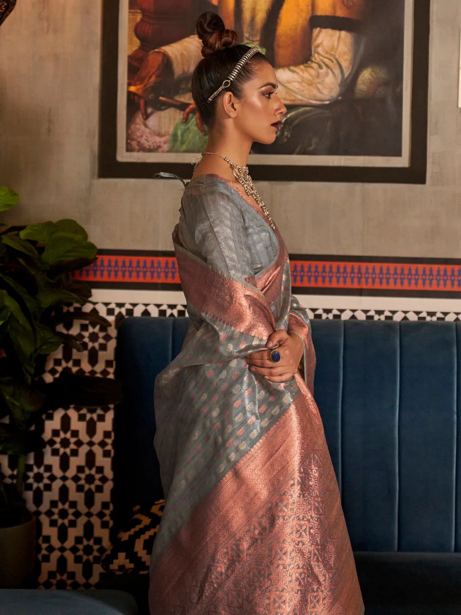Saree Mall Women's Tissue Grey Woven Design Designer Saree With Blouse Piece-KRSHNI1005 Slim Fit Blouse