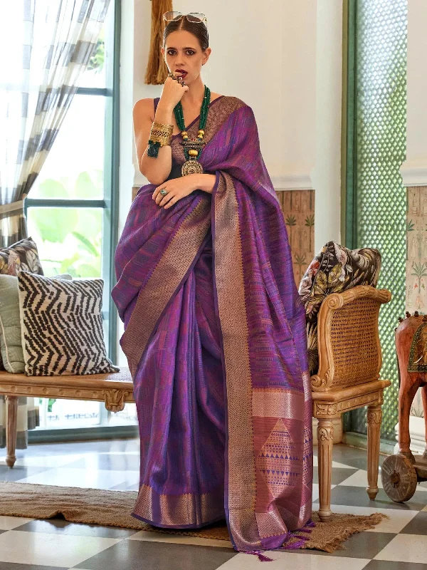 Saree Mall Women's Organza Purple Woven Design Handloom Saree With Blouse Piece-KALKI309003 Satin Long Blouse
