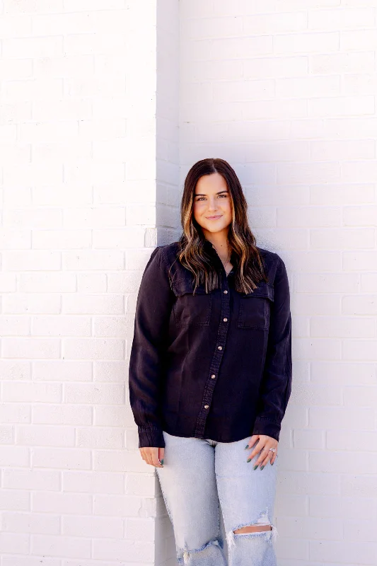 Radelyn Button Up Shirt | Black-- Hooded Caped Shawl Collar