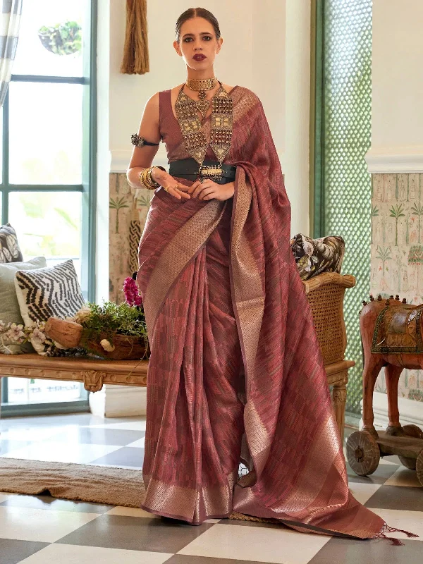 Saree Mall Women's Organza Brown Woven Design Handloom Saree With Blouse Piece-KALKI309006 Puff Sleeve Blouse