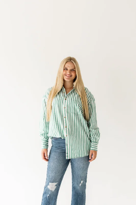 We The Free Freddie Striped Shirt | French Green Combo-- Hooded Caped Shawl Collar