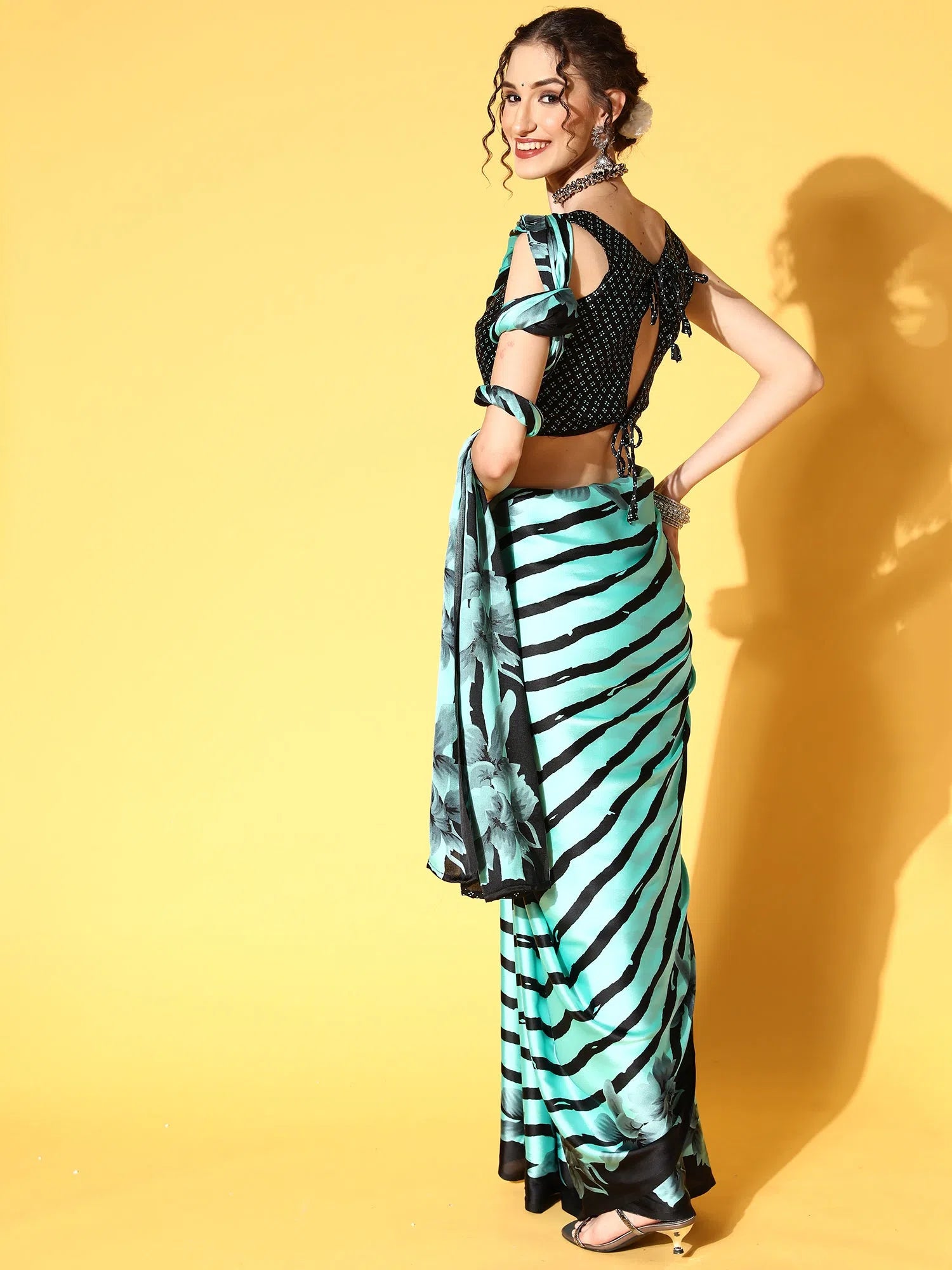 Saree Mall Women's Crepe Sea Green Printed Celebrity Saree With Blouse Piece-KLZE246002 Drape Neck Blouse