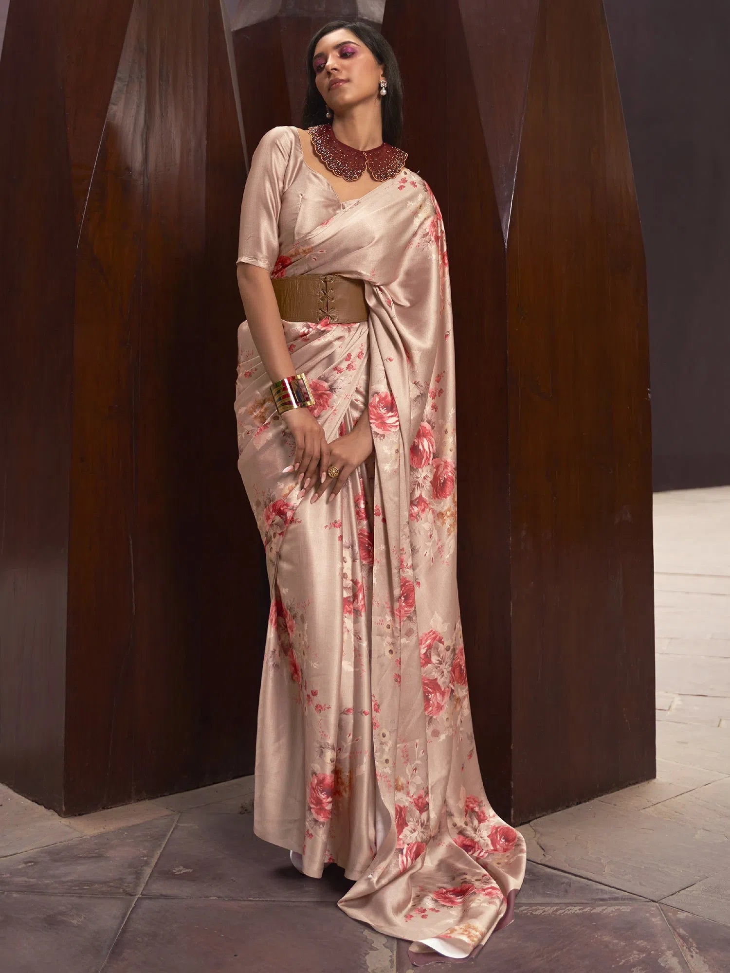 Saree Mall Women's Satin  Beige Digital Print Designer Saree With Blouse Piece-KUDOS260009 Lightweight Linen Blouse