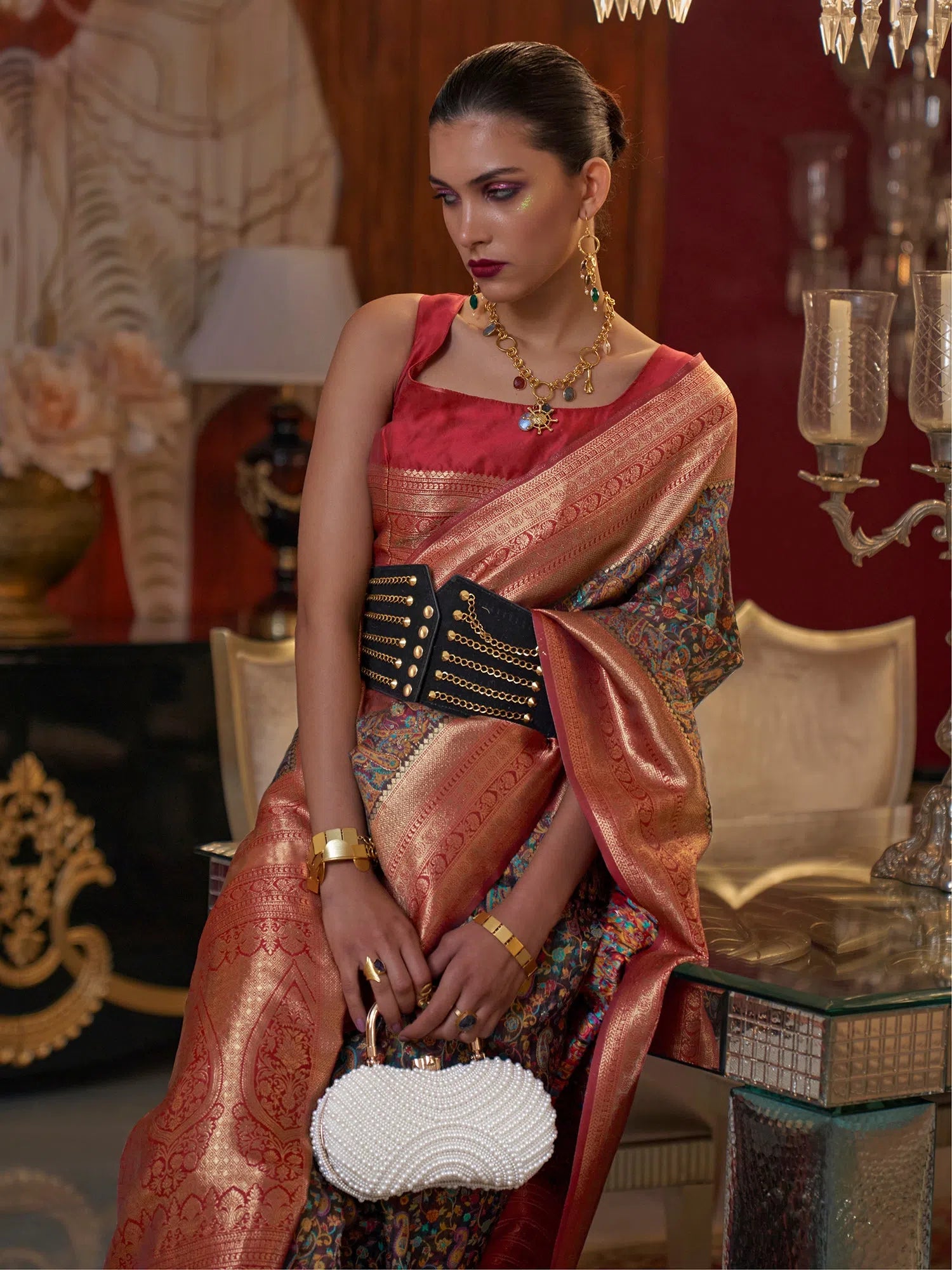 Saree Mall Women's  Blend Black Woven Design Designer Saree With Blouse Piece-KSHIDA319001 Drape Neck Blouse