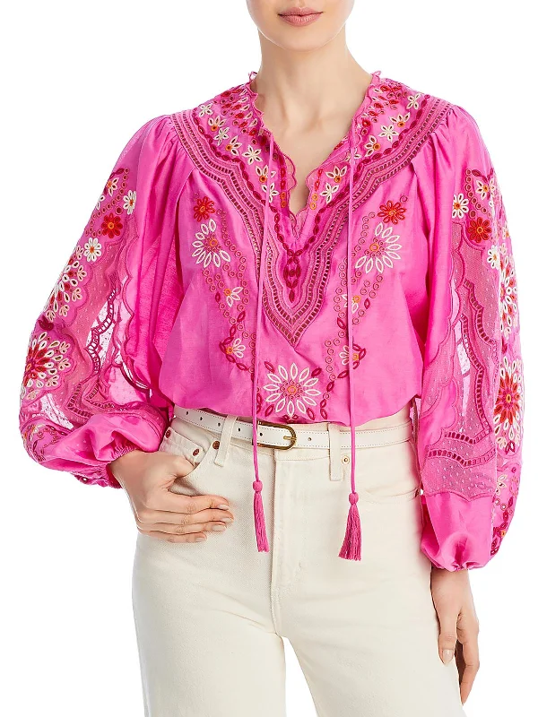 Womens Silk Blend Embroidered Blouse Business Casual Blouse