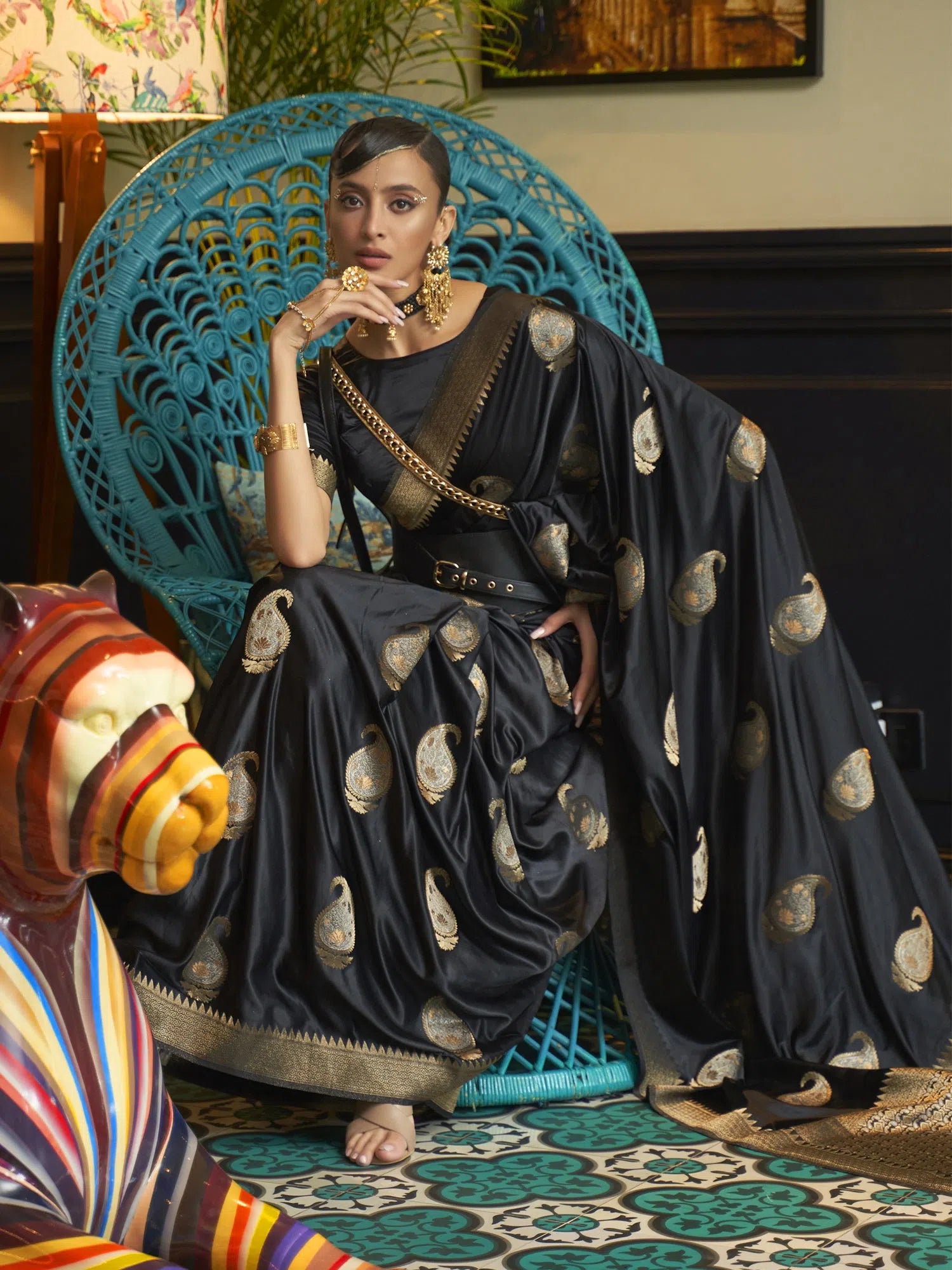 Saree Mall Women's  Blend Black Woven Design Designer Saree With Blouse Piece-KUSHQ276002 Chic Wrap Blouse