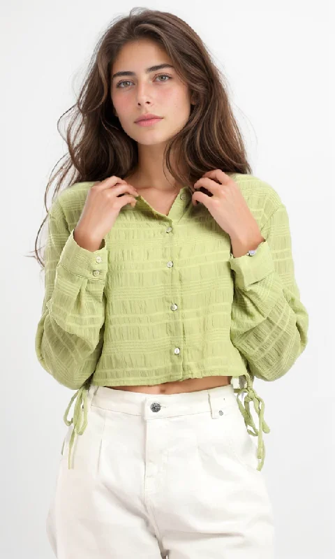 95773 Full Sleeves Shirt With Side Drawstring - Light Green-- Graphic Embroidered Appliqued