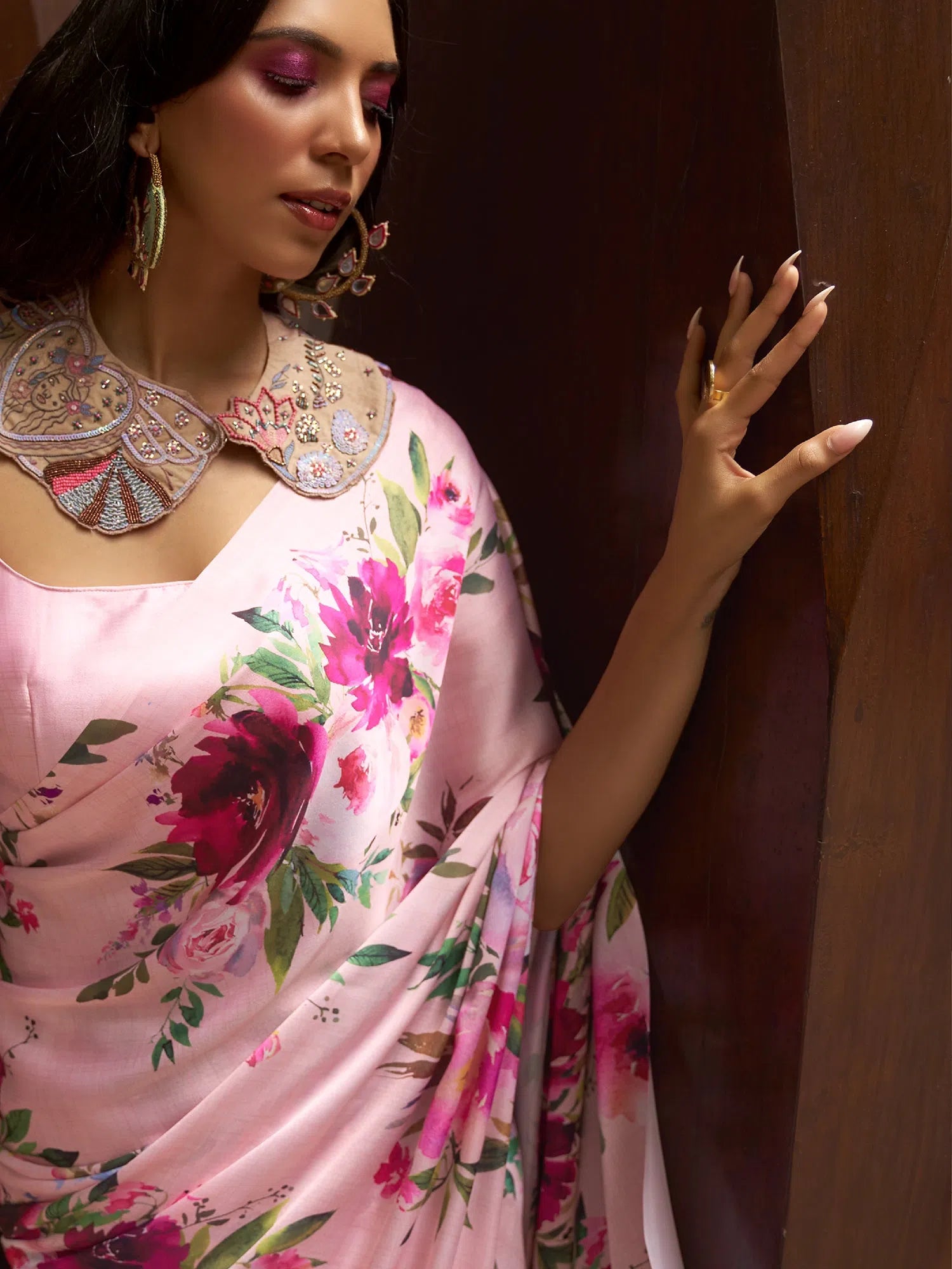 Saree Mall Women's Satin  Pink Digital Print Designer Saree With Blouse Piece-KUDOS260002 Frilled Cuff Blouse