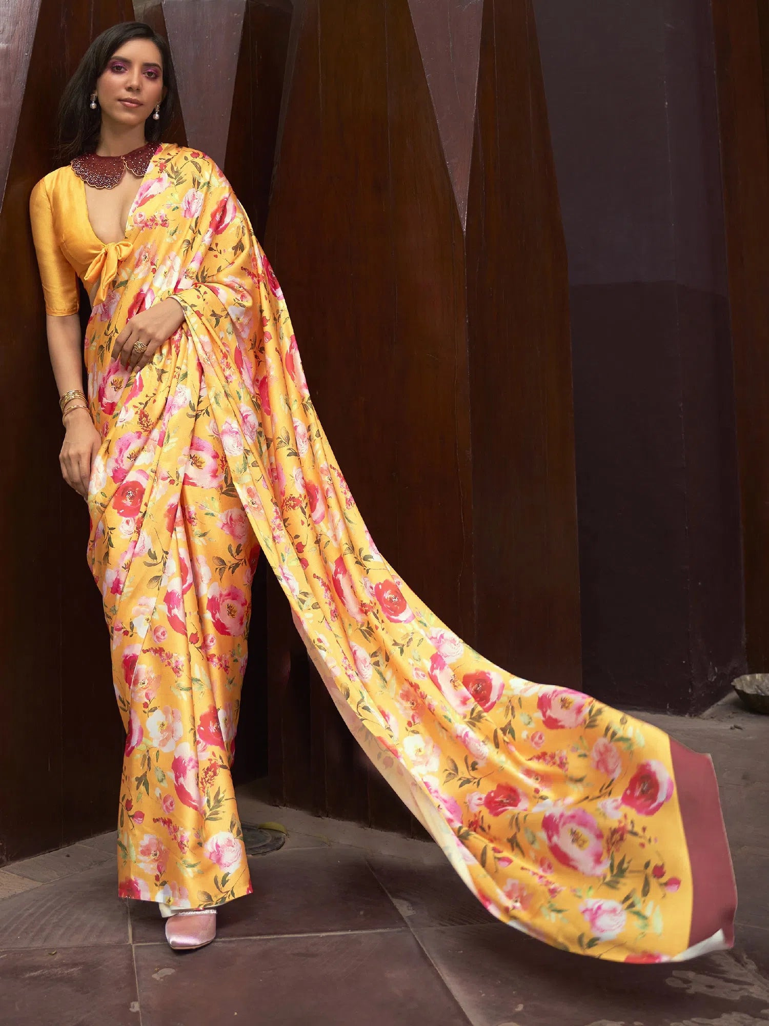 Saree Mall Women's Satin  Yellow Digital Print Designer Saree With Blouse Piece-KUDOS260001 Wrap Front Blouse