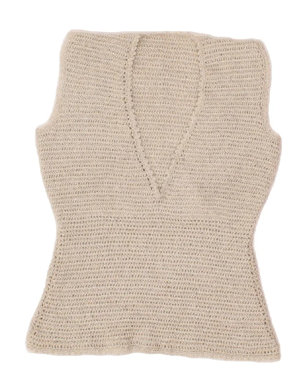 VINTAGE Womens Sleeveless Crochet Blouse Top UK 8 Small Beige Flecked Lightweight Chiffon Blouse