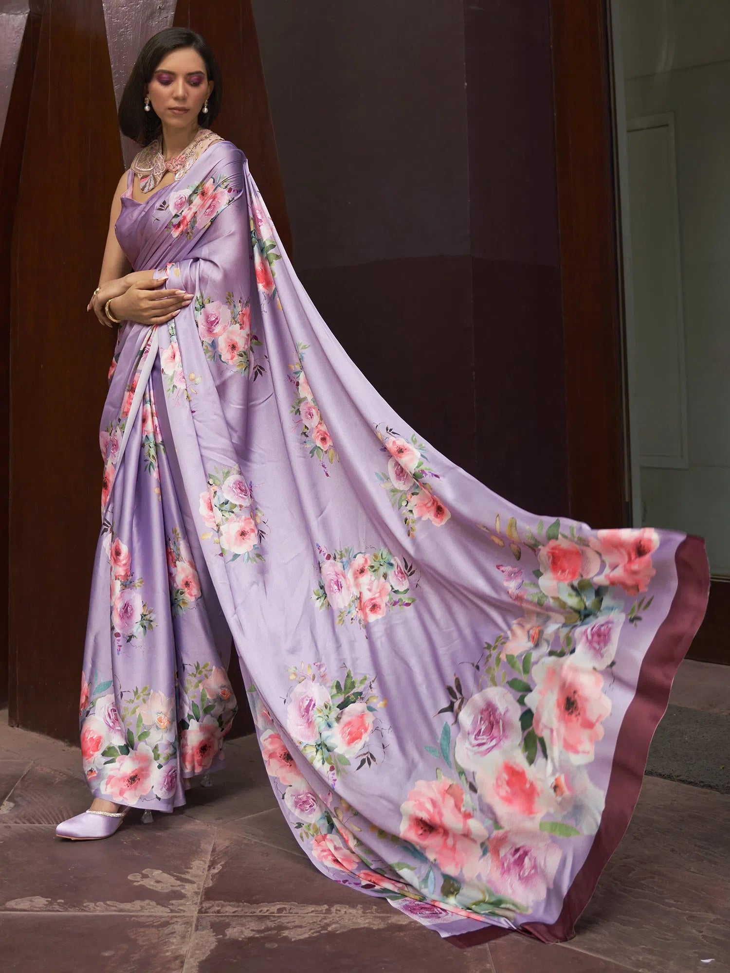 Saree Mall Women's Satin  Lavendar Digital Print Designer Saree With Blouse Piece-KUDOS260003 Puff Sleeve Blouse