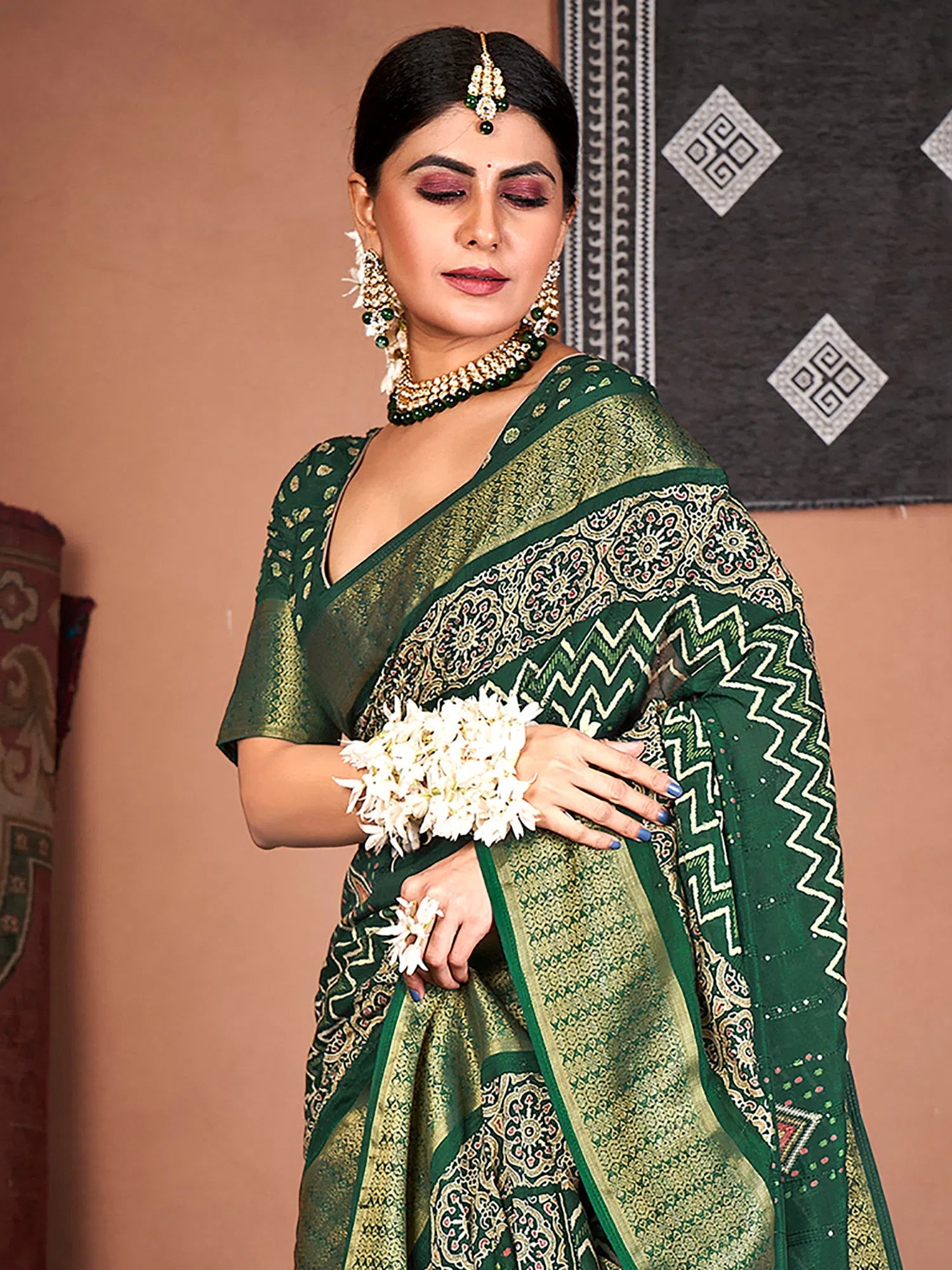 Saree Mall Women's  Blend Green Embroidered Designer Saree With Blouse Piece-KHADI1003 Sleeveless Summer Blouse