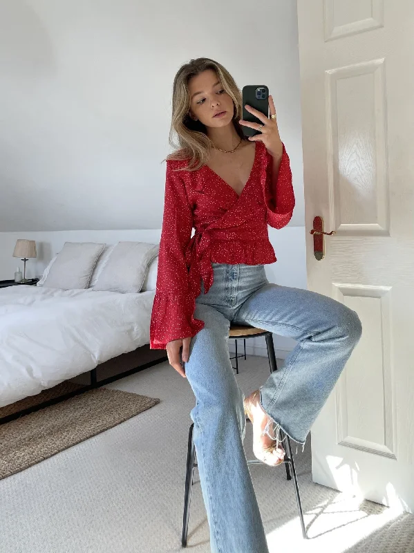 Slaytwins Cassie Polka Dot Wrap Blouse- Red Boho Printed Blouse