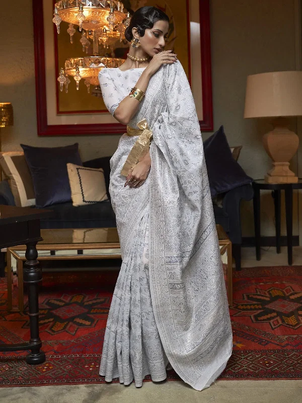 Saree Mall Women's  Blend Grey Woven Design Designer Saree With Blouse Piece-KAFREN290003 Elegant Lace Blouse