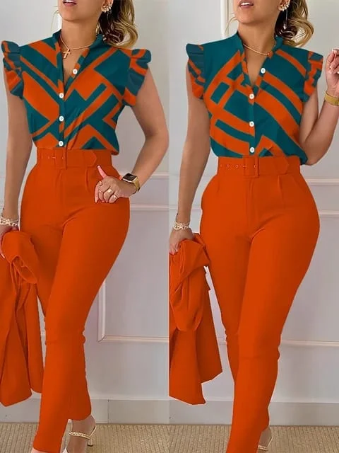 Elegant Women Printed Two Piece Suit Sets Shirt Top & Long Pants with Belt B-100094-- Modern Contemporary Chic