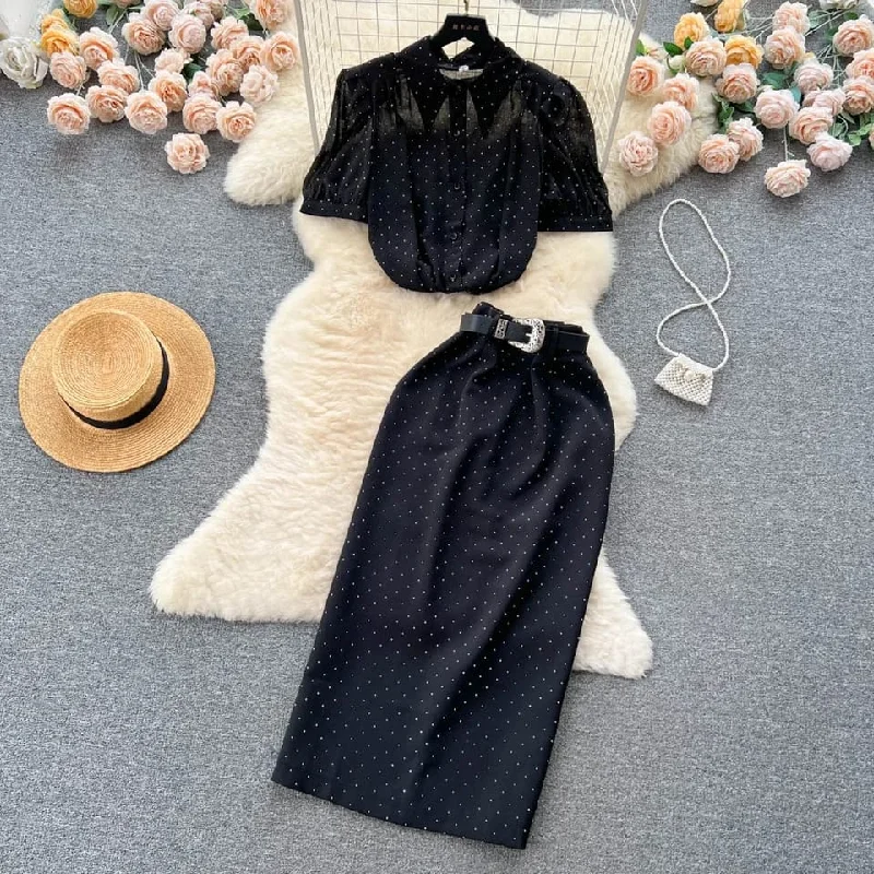 Women Lapel Single Breasted Chiffon Black Shirt Top + Bodycon Long Skirt Suits L 518513-- Satin Fabric Silk Fabric Chiffon Fabric Women Lapel Single Breasted Chiffon Black Shirt Top + Bodycon Long Skirt Suits L 518513-- Satin Fabric Silk Fabric Chiffon Fabric