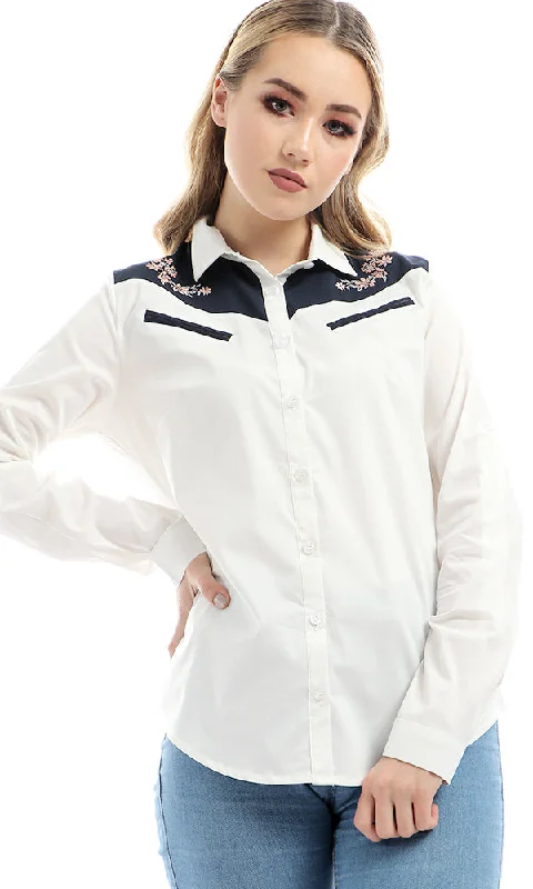 47498 Chest Pocket Floral Shoulder Shirt - Off White-- Collared T-Shirt Boat Neck A-Line