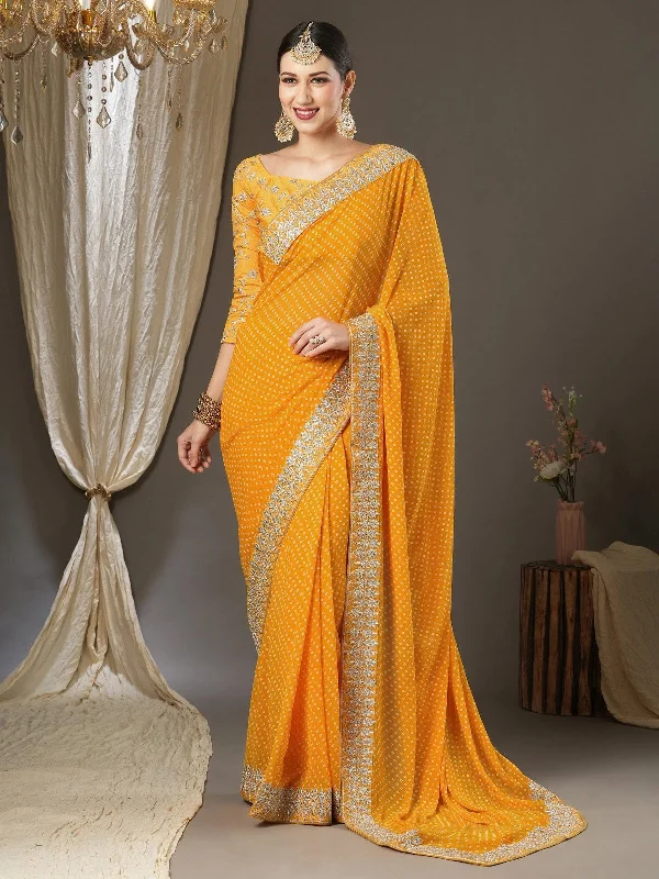 Saree Mall Women's Georgette Yellow Zari Embroidered Designer Saree With Blouse Piece-BANDHNI1007 Sheer Mesh Blouse