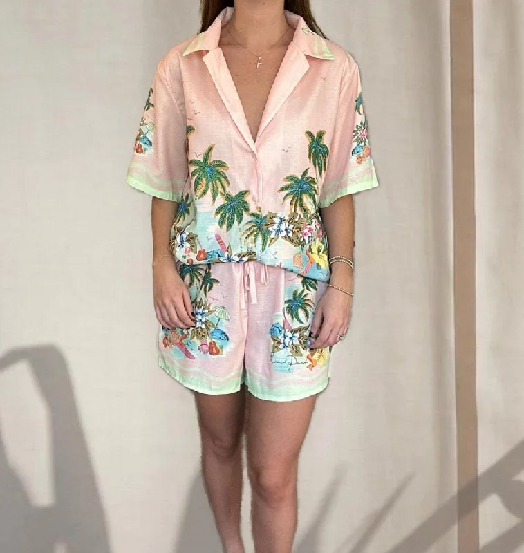 PINK LINEN PRINT LONGSHIRT SUIT 2 PIECE SET XL A16-03-- Machine Wash Dry Clean Hand Wash
