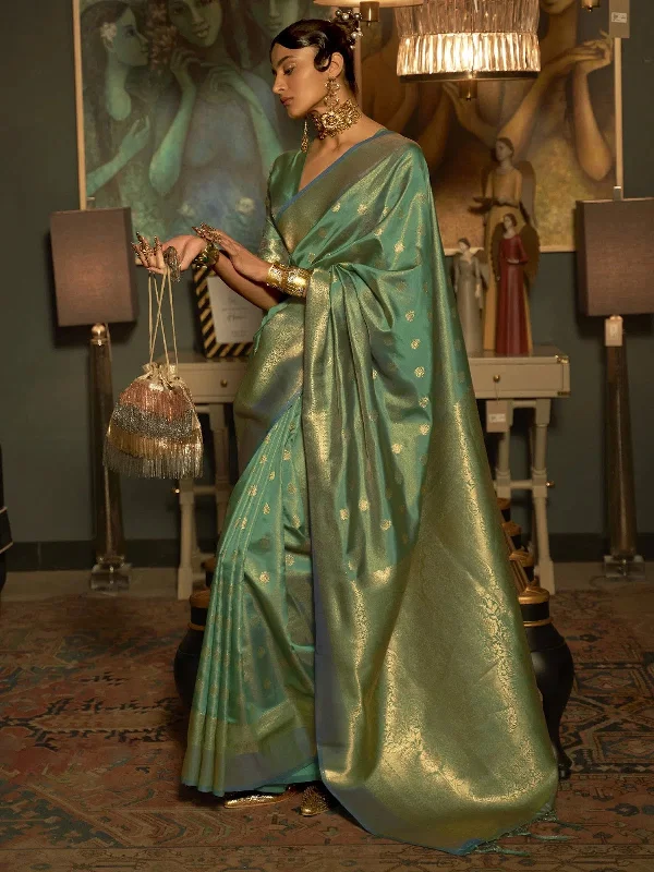 Saree Mall Women's  Blend Sea Green Woven Design Handloom Saree With Blouse Piece-KARNAZ256007 Off-Shoulder Wrap Blouse