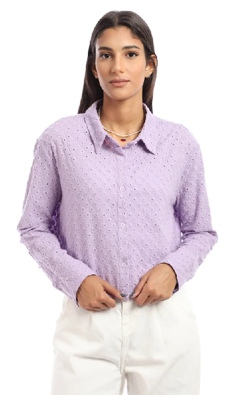 95421 Perforated Floral Buttoned Cropped Shirt - Lavender-- Fitted T-Shirt Seamless Stretchy