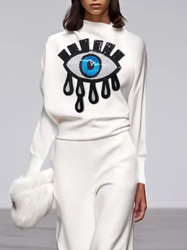Long Sleeves Loose Applique Embroidered Figure Printed Mock Neck T-Shirts Tops L 125005-- Iron Safe Non-Iron Wrinkle Free