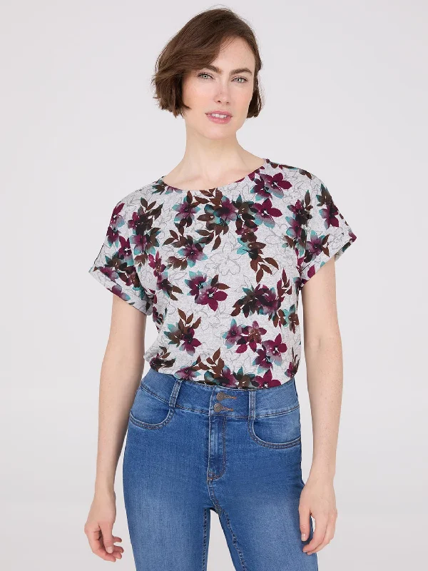 Floral Print Cuffed Dolman Sleeve T-Shirt-- Spandex Blend Rayon Blend Denim Blend