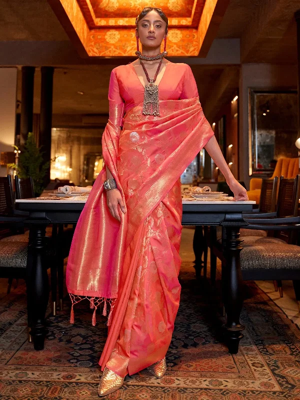 Saree Mall Women's  Blend Peach Woven Design Handloom Saree With Blouse Piece-KAIROS258006 Casual Button Blouse