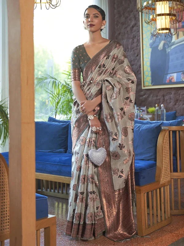 Saree Mall Women's Organza Grey Woven Design Designer Saree With Blouse Piece-KDVIKA283001 Sleeveless Summer Blouse