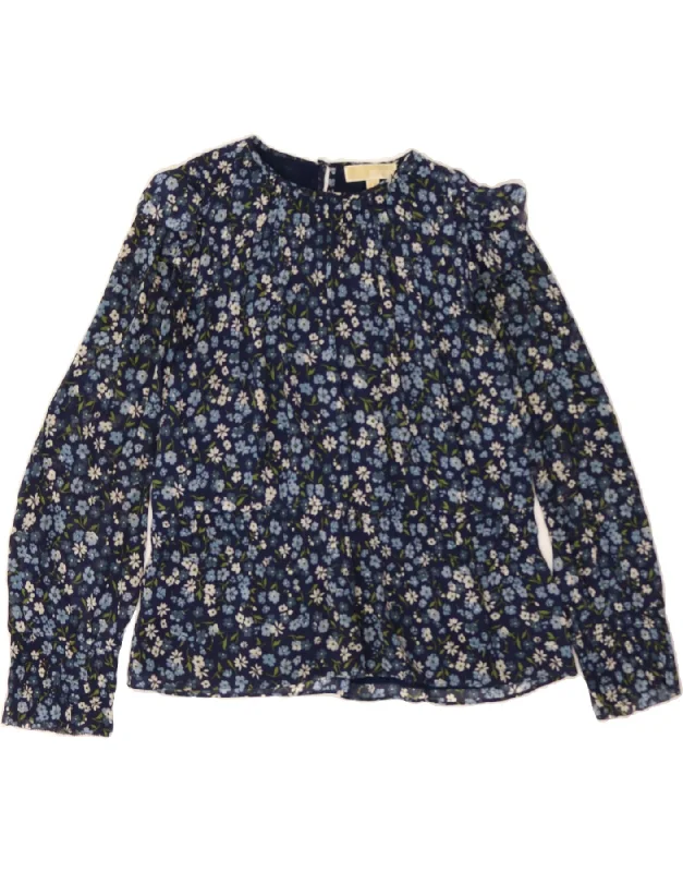 MICHAEL KORS Womens Oversized Blouse Top UK 10 Small Navy Blue Floral Embroidered Floral Blouse